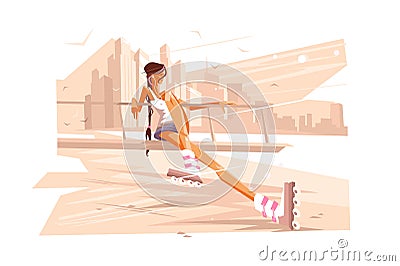 Roller Girl on Bench Vector Illustration