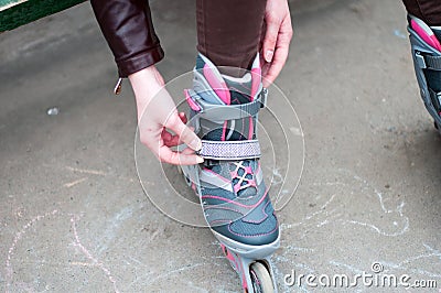 Roller scates beautiful feet girl outdoor Stock Photo