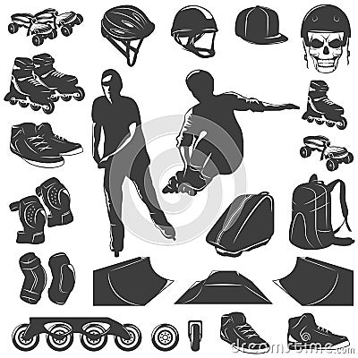 Roller Skater Black White Icons Set Vector Illustration