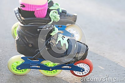 Roller`s legs wearing rollers for inline and slalom skating Stock Photo