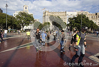 Roller skaters in Barcelona, Spain Editorial Stock Photo