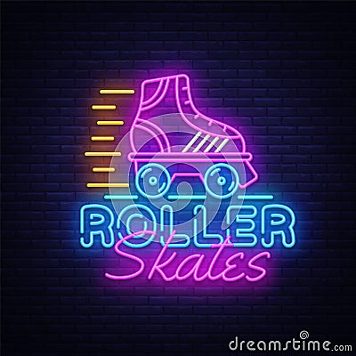 Roller Skates Neon Sign Vector. Retro quad roller skates neon logo, design template, modern trend design, night neon Vector Illustration