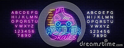 Roller Skates Neon Sign Vector. Retro quad roller skates neon logo, design template, modern trend design, night neon Vector Illustration