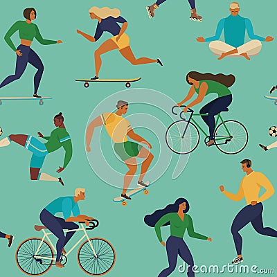 Roller skates, running, bicycle, walk, yoga. Vector seamless pattern with active young people. Healthy lifestyle. Design elements. Vector Illustration