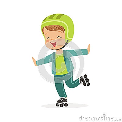 Roller skating boy, kid in rollerblades colorful character vector Illustration Vector Illustration