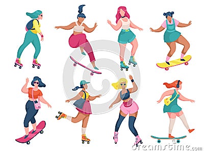 Roller skating girls. Young women roller skates and skateboards, rollerblading and skateboarding teenager activ leisure Vector Illustration