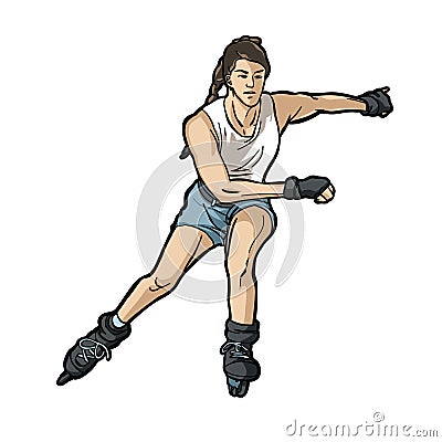 Rollerblade inline skates girl running action cartoon Illustration Stock Photo