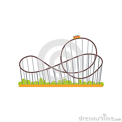 Rollercoaster track with train. Extreme ride attraction. Family amusement park concept. Colorful flat vector design icon Vector Illustration