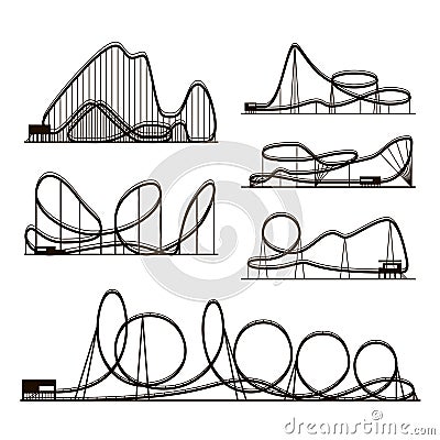 Rollercoaster vector vector black silhouettes isolated on white. Amusement park icons Vector Illustration