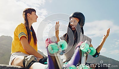 Rollerskate, skatepark and sports with a couple of friends sitting outdoor on a ramp for recreation together. Fitness Stock Photo