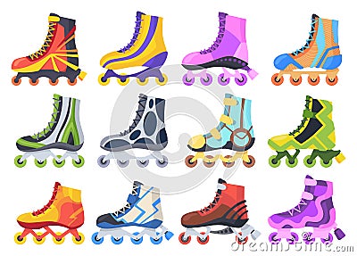 Rollerskates. Cartoon roller skates, retro footwear on wheels, kid sport shoes. Inline skates vector icons. Summer sport Stock Photo