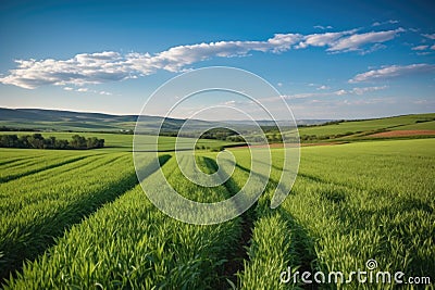 rolling countryside hills with rows of crops and a blue sky Stock Photo