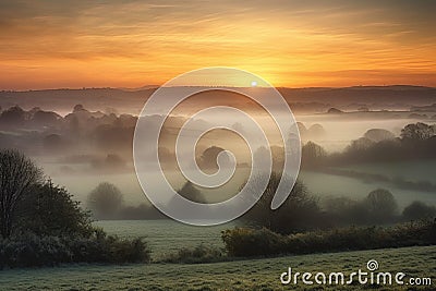 rolling countryside with misty sunrise view Stock Photo