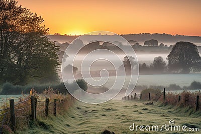 rolling countryside with misty sunrise view Stock Photo