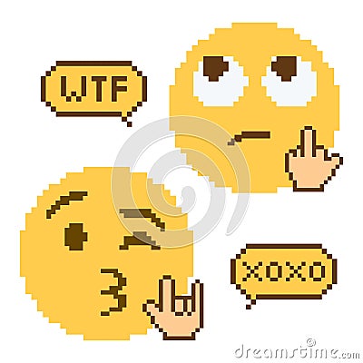 Rolling eyes and in love kiss emoji with WTF XOXO speech bubble pixel art style Vector Illustration