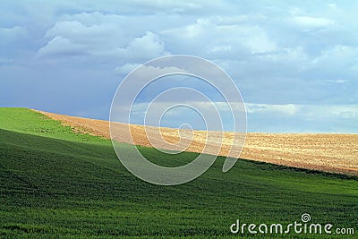 Rolling Farm Fields Under a Cloudy Sky Stock Photo