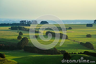 Rolling green hills of Camperdown view from top of Black Hill lookout at sunset Stock Photo