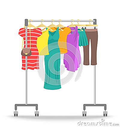 Rolling hanger rack with women clothes collection Vector Illustration