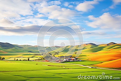 rolling hills with a patchwork of farm crops Stock Photo