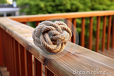 rolling hitch knot on a wooden railing Stock Photo