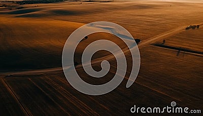 Rolling landscape, wheat fields, sunset, aerial view generated by AI Stock Photo