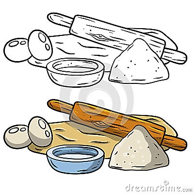 Rolling pin and dough. Wooden appliance for kitchen and cooking. Kneading dough Vector Illustration