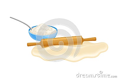 Rolling Pin Flattening Dough as Baking Process Vector Illustration Vector Illustration