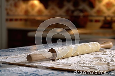 rolling pin flattening dough on floured surface Stock Photo