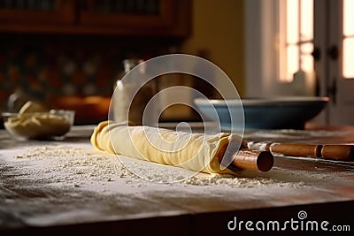 rolling pin flattening pasta dough on table Stock Photo