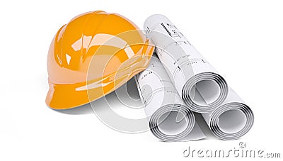 Rolls of architectural drawings and orange helmet Stock Photo