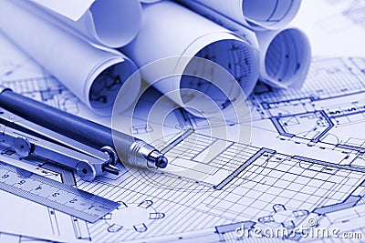 Rolls of architecture blueprint & work tools Stock Photo