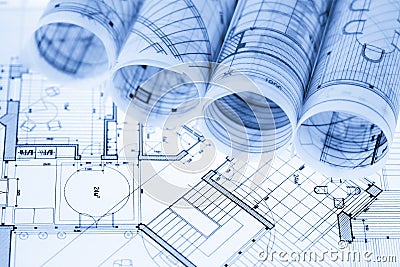 Rolls of architecture blueprints Stock Photo