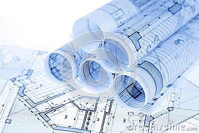 Rolls of architecture blueprints Stock Photo