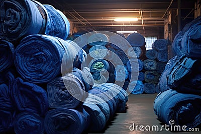 rolls of blue denim fabric stacked in warehouse Stock Photo