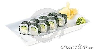 Rolls with cucumber and cheese plate - MITAKA isolated on white Stock Photo