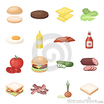 Rolls, cutlets, cheese, ketchup, salad, and other elements. Burgers and ingredients set collection icons in cartoon Vector Illustration