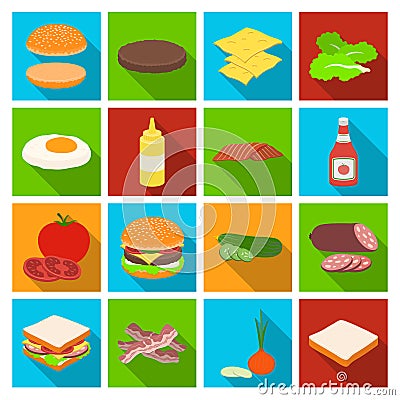 Rolls, cutlets, cheese, ketchup, salad, and other elements. Burgers and ingredients set collection icons in flat style Vector Illustration