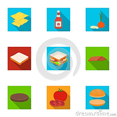 Rolls, cutlets, cheese, ketchup, salad, and other elements. Burgers and ingredients set collection icons in flat style Vector Illustration