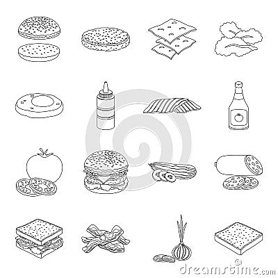 Rolls, cutlets, cheese, ketchup, salad, and other elements. Burgers and ingredients set collection icons in line style Vector Illustration