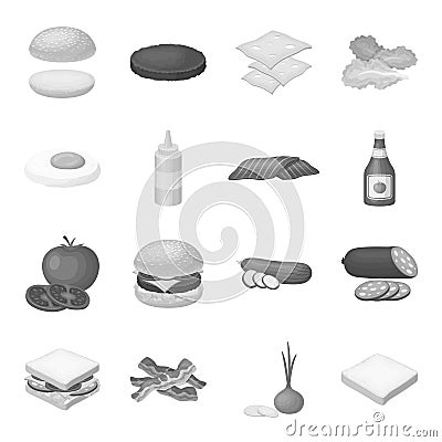 Rolls, cutlets, cheese, ketchup, salad, and other elements. Burgers and ingredients set collection icons in monochrome Vector Illustration