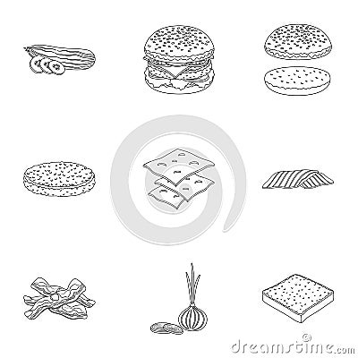 Rolls, cutlets, cheese, ketchup, salad, and other elements. Burgers and ingredients set collection icons in outline Vector Illustration