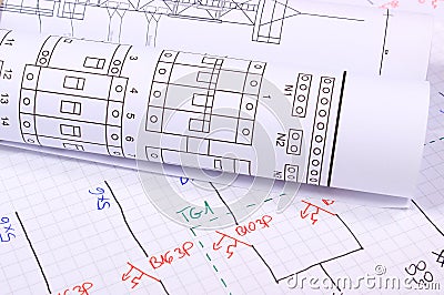 Rolls of electrical diagrams Stock Photo