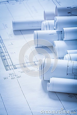 Rolls of engineering construction plans building Stock Photo