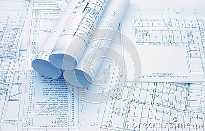 Rolls of Engineering Drawings Stock Photo