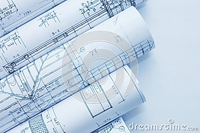 Rolls of Engineering Drawings Stock Photo