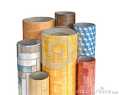 Rolls of linoleum in various colors, patterns, textures on a white background, Cartoon Illustration