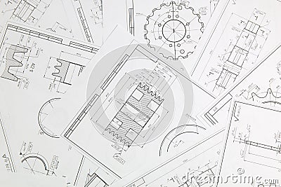 Paper engineering drawings of industrial parts and mechanisms Stock Photo