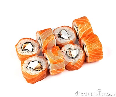 Rolls, Philadelphia sushi with eel on white background with avocado. Japanese food Stock Photo