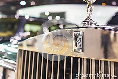 Rolls Royce Logo on black car close up a luxury classic United Kingdom brand Editorial Stock Photo