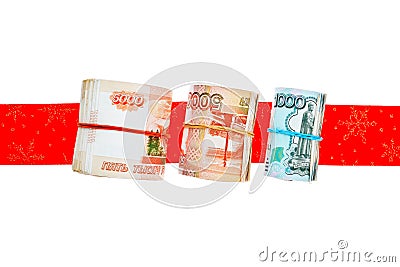 Rolls of russian banknotes with gift ribbon Stock Photo